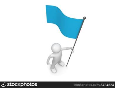 Man holds blue flag on flagpole (3d isolated characters on white background series)