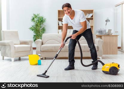 Man husband cleaning the house helping wife