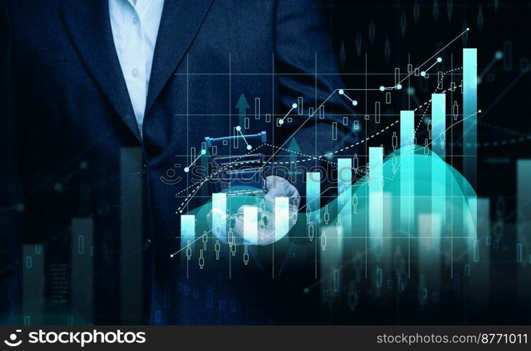 Man in a black suit holds a miniature cart against the background of a holographic graph with increasing indicators. Growth in business sales, high margins. Big profit