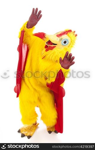 Man in a chicken suit afraid the sky is falling. Full body isolated.