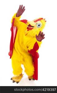 Man in a chicken suit afraid the sky is falling. Full body isolated.