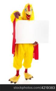 Man in a chicken suit holding a blank sign and pointing at the camera. Blank space ready for your text. Isolated.