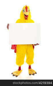 Man in a chicken suit holding a blank sign. Full body isolated on white.