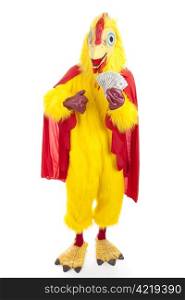 Man in a chicken suit holding a wad of cash. Full body isolated on white.
