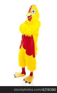Man in a chicken suit in a casual pose with arms crossed. Full body isolated.