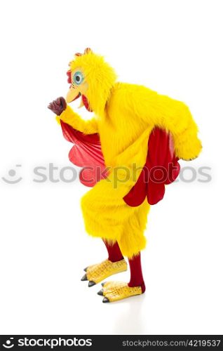 Man in a chicken suit running away. Isolated on white.