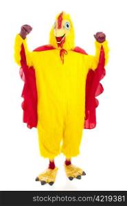 Man in a chicken suit with a cape holding his arms up in a gesture of strength. Full body isolated on white.