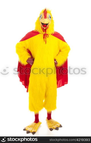 Man in a chicken suit with a cape, pretending to be a super hero. Isolated on white.