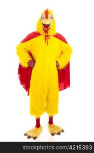 Man in a chicken suit with a cape, pretending to be a super hero. Isolated on white.