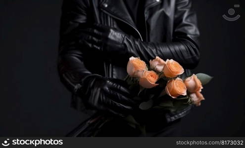 man in a leather jacket with flowers for a woman generative ai.