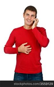 man in a red dress speaks on a mobile phone