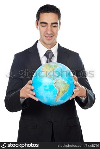 Man in a suit holding globe over white background