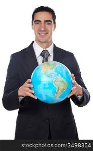 Man in a suit holding globe over white background