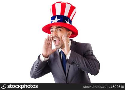 Man in american hat yelling isolated on white