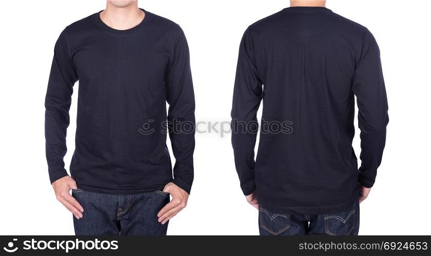 man in black long sleeve t-shirt isolated on a white background