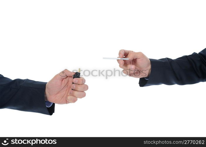 man in black suit holding a cigarette. Isolated on white background