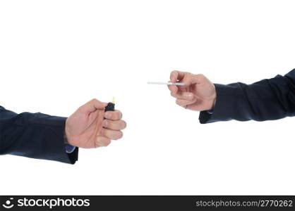 man in black suit holding a cigarette. Isolated on white background