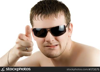 Man in black sunglasses on white background