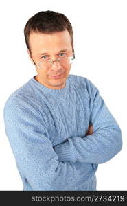 man in blue sweater and glasses
