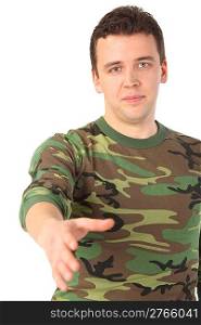 man in camouflage greets