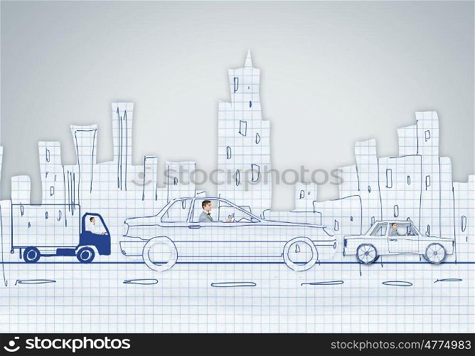 Man in car. Young man driving car made of sheet of paper