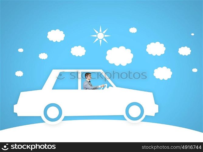 Man in car. Young man driving drawn car. Imagination concept