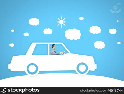 Man in car. Young man driving drawn car. Imagination concept