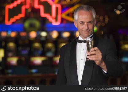 Man in casino with champagne smiling (selective focus)