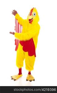 Man in chicken suit giving a presentation. Full body isolated.