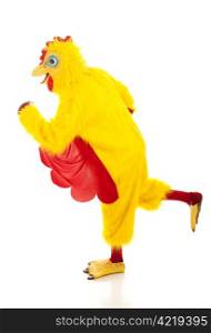 Man in chicken suit running. Full body isolated on white.