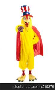 Man in chicken suit with Uncle Sam hat on, pointing at the camera in the classic pose. Full Body isolated.
