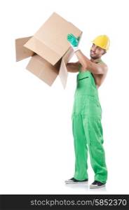 Man in coveralls with boxes