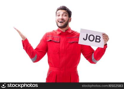 Man in coveralls with message isolated on white