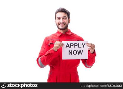 Man in coveralls with message isolated on white