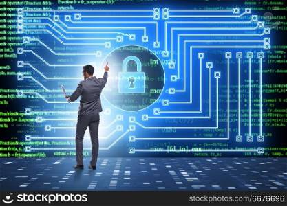 Man in digital security concept pressing button