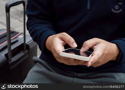 Man in downtown city street ordering taxi using smart phone app Booking taxi using application online on smart phone.