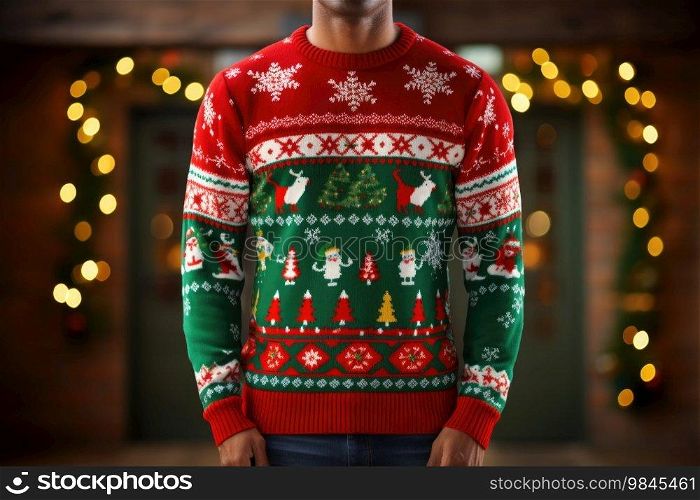 Man in festive Christmas sweater with holiday background.. Man in festive Christmas sweater with holiday background. International ugly Christmas sweater day