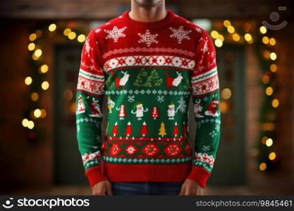 Man in festive Christmas sweater with holiday background.. Man in festive Christmas sweater with holiday background. International ugly Christmas sweater day