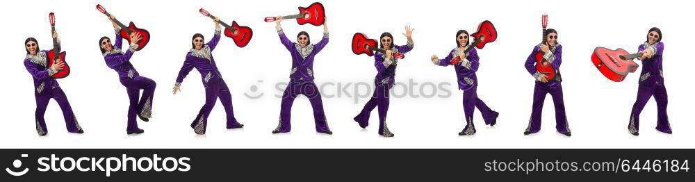 Man in funny clothing holding guitar isolated on white