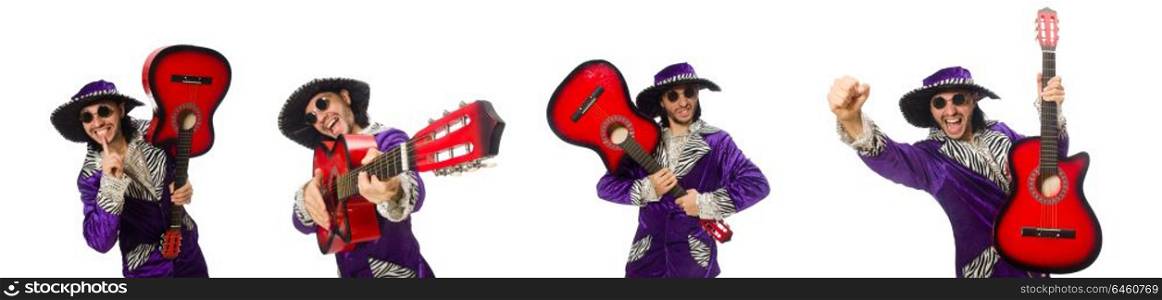 Man in funny clothing holding guitar isolated on white