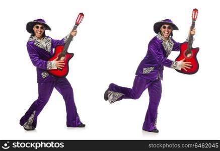 Man in funny clothing holding guitar isolated on white