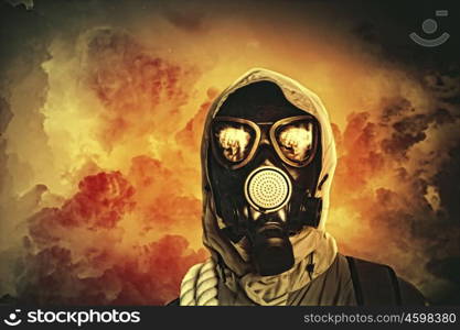 Man in gas mask. Image of man in gas mask. Ecology concept