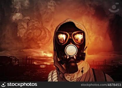 Man in gas mask. Image of man in gas mask. Ecology concept