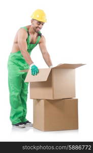 Man in green coveralls with boxes