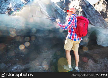 Man in hike in volcanoes region (Araucania) in Chile, South America