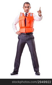 Man in life jacket isolated on white