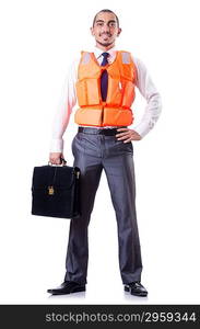 Man in life jacket isolated on white