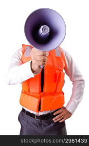 Man in life jacket isolated on white