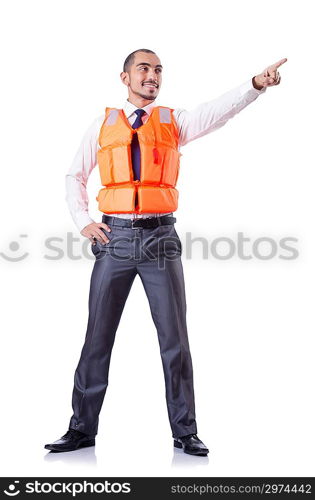 Man in life jacket isolated on white