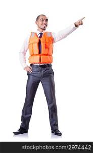 Man in life jacket isolated on white